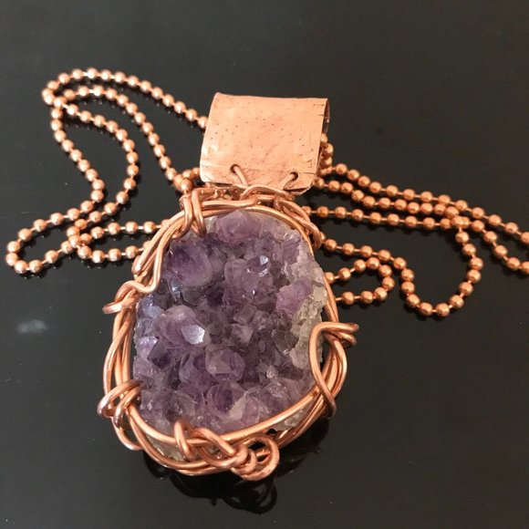 Genuine Amethyst Druzy Drusy Pendant Solid Pure Copper Necklace Natural Mens - Picture 8 of 8
